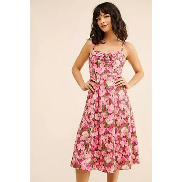 Rachel Parcell Pink Green Floral Fit Flare Sweetheart Coquette Midi Dress 4 - Picture 13 of 14
